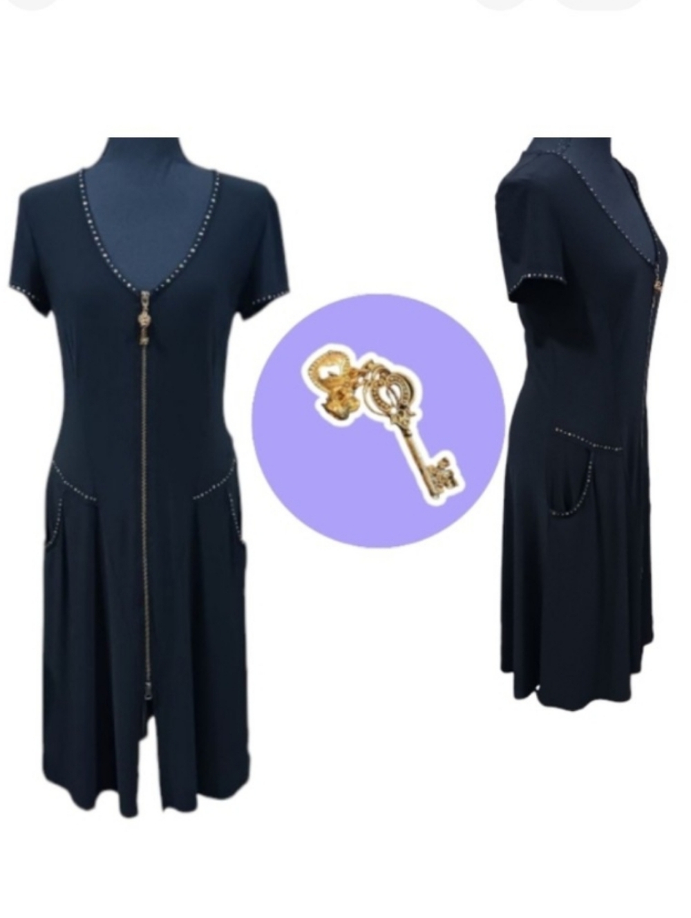 Joseph Ribkoff Zip-Front Studded Dress Dual Zip Charms Jersey Knit